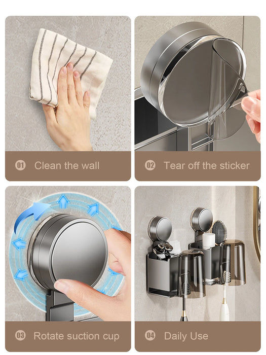Suction-Cup Toothbrush Holder with Squeezer and Mouthwash Cup — Perforation-Free