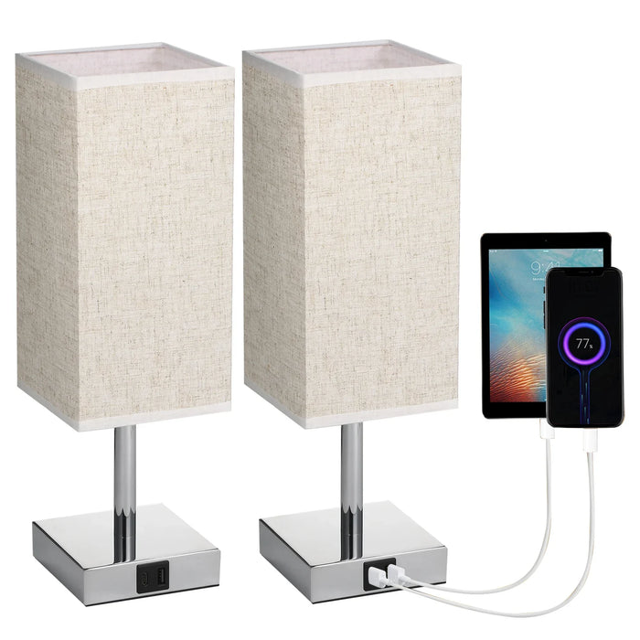 Bordlampe med stoffskjerm - Varmhvit LED-pære, berøringskontroll, skrivebordslampe, USB A- og Type-C-ladeporter - Ideell for nattbord, arbeidsbord og studieområder