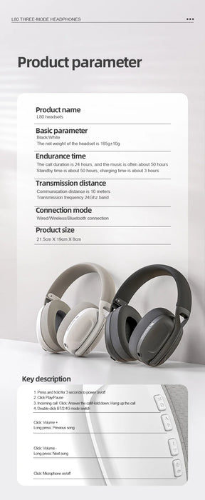 L80 Lightweight Three-Mode Gaming Headset — Bluetooth & Wired with Microphone