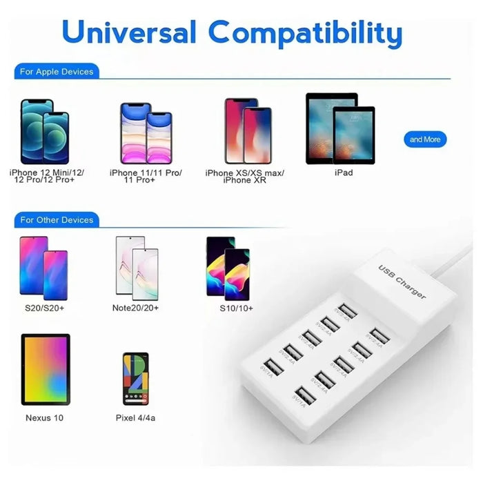 10‑Port 50W USB Charging Station – Multi‑Device Fast Charger with LCD (EU/UK/US plugs)