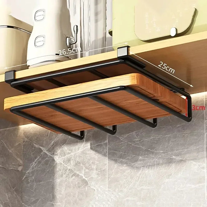 Under-Cupboard Kitchen Hanging Rack with Hooks — Paper Towel, Cutting Board & Pot Lid Holder