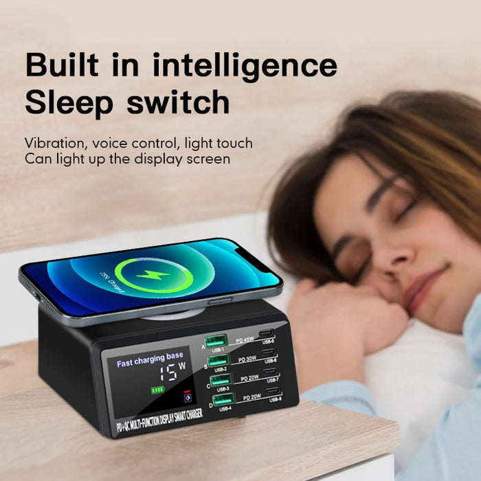 110W 8-Port USB Charging Station — 45W PD USB-C, QC3.0 & 15W Wireless (GaN)