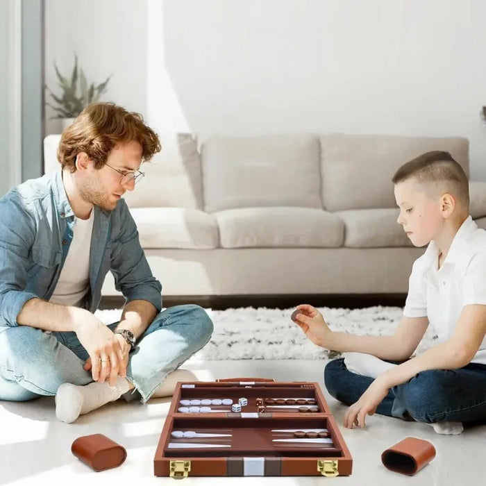 Classic 3‑in‑1 Backgammon Travel Set with Leather Case — Chess & Checkers (11/15/18 inch)