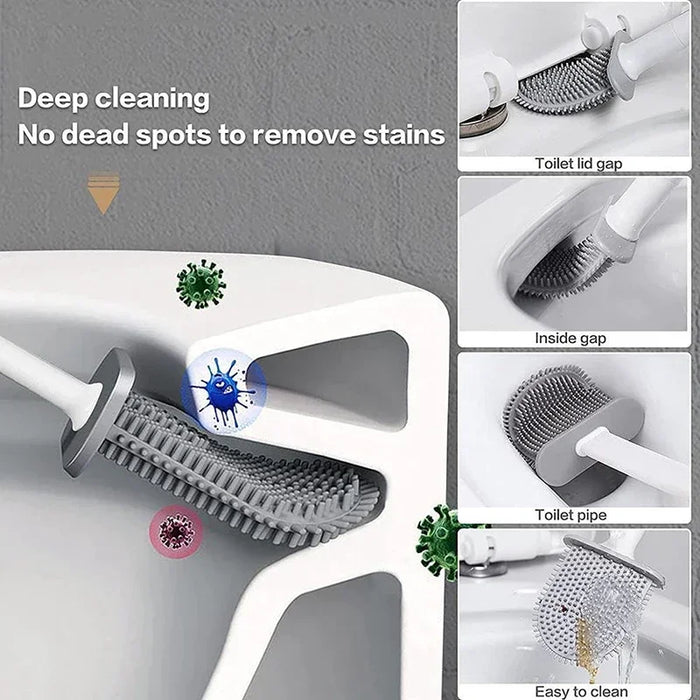 Wall-Mounted Silicone Toilet Brush Set — Easy Install, Long Handle with Portable Holder
