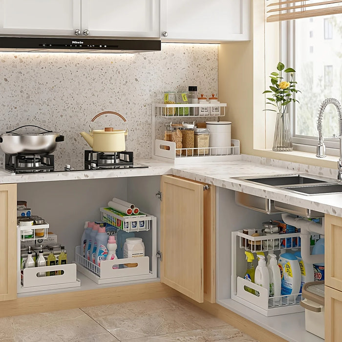 Metal Pull-Out Under-Sink Organiser with Sliding Shelf — Kitchen Storage (White/Black)