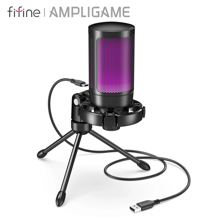 AmpliGame RGB USB Gaming Microphone A2 — Condenser with Light‑touch Mute & Tripod