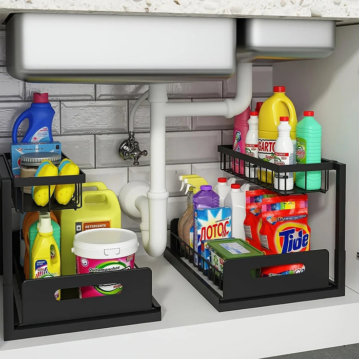 Metal Pull-Out Under-Sink Organiser with Sliding Shelf — Kitchen Storage (White/Black)