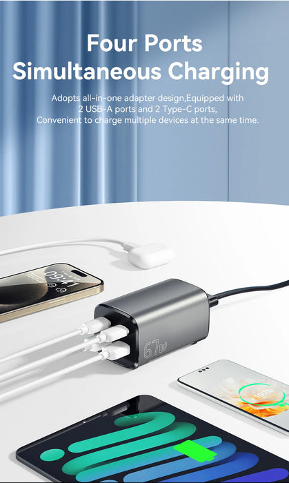 67W GaN USB‑C Desktop Charger — PD/QC Fast Charging, 2C+2A Ports for MacBook, Samsung, iPhone 15