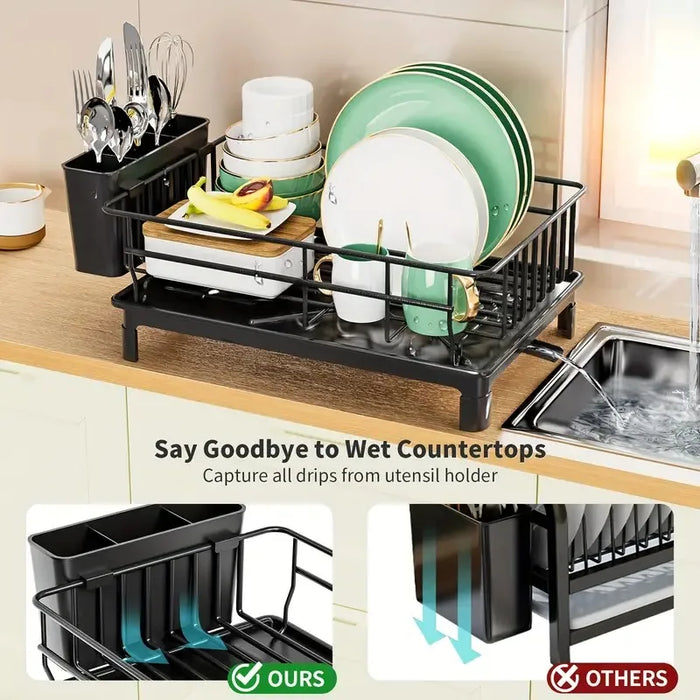 Rustproof Dish Drainer for Worktops with Removable Drain Board & Utensil Holder — Black