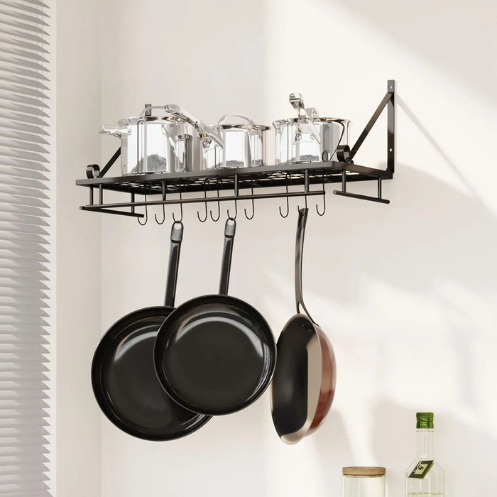 60cm Wall-Mounted Kitchen Organiser Rack with 10 Hooks – Black