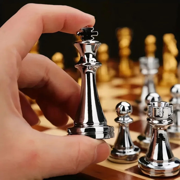 Deluxe 30cm Folding Wooden Checkers & Chess Set with Zinc Alloy Pieces