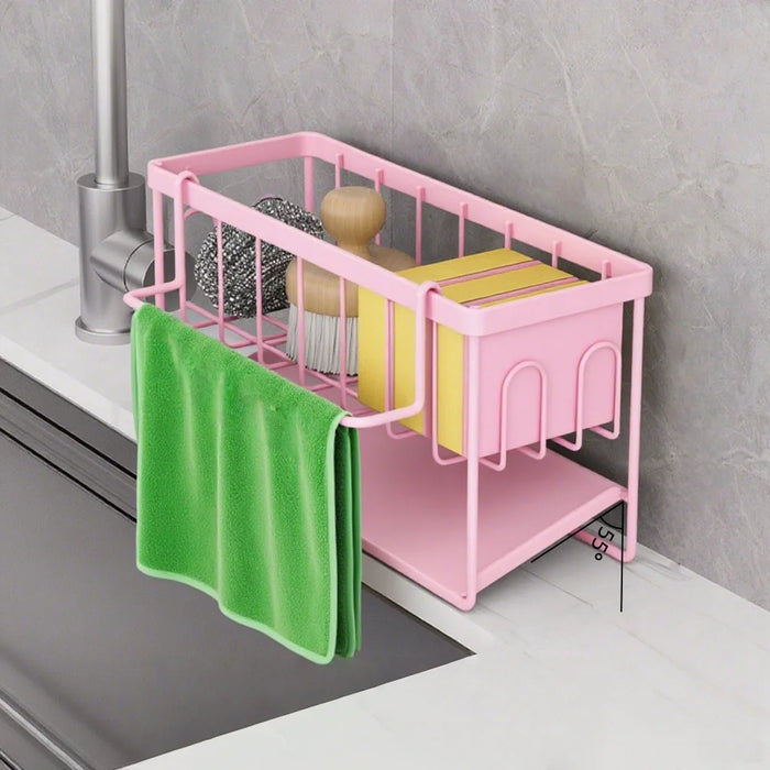 Kitchen Sink Organiser — Sponge Holder with Dishcloth Hanger and Adhesive Sticker
