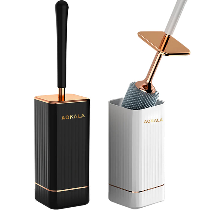 Aokala Silicone Toilet Brush & Holder — 40cm Long Handle, Wall or Floor Mount, Black or White with Rose Gold Trim