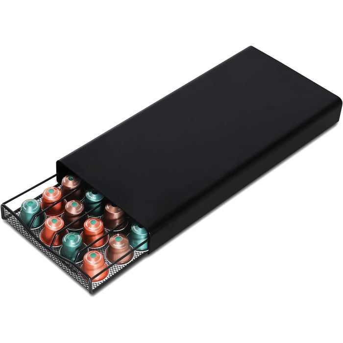 40-Capsule Coffee Pod Holder — Black Stainless Steel for Nespresso Capsules