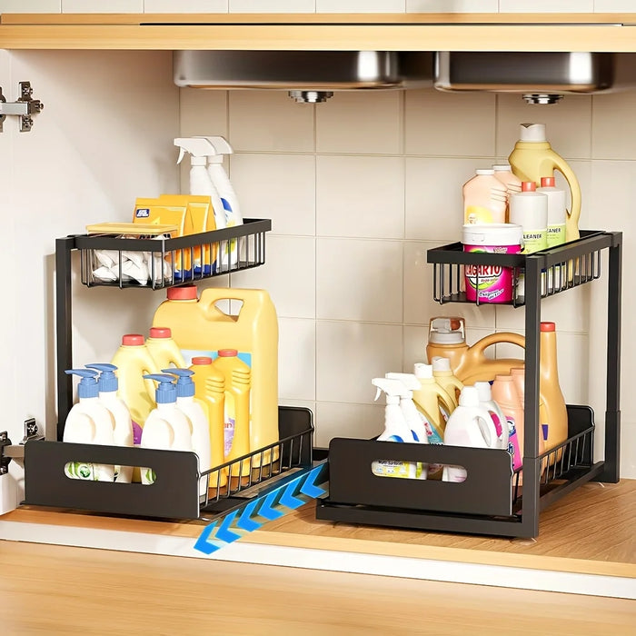Under-sink Pull-out Metal Organiser — Sliding Storage Shelf for Kitchen (Black/White)