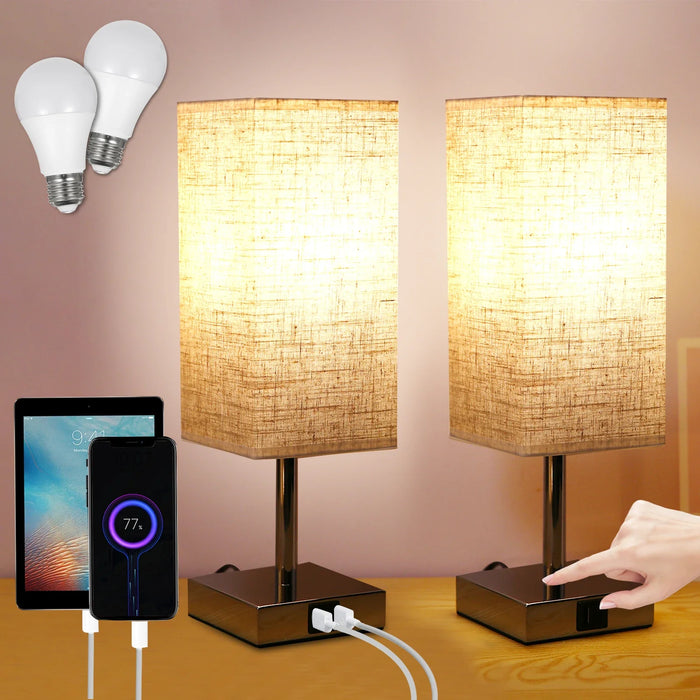 Bordlampe med stoffskjerm - Varmhvit LED-pære, berøringskontroll, skrivebordslampe, USB A- og Type-C-ladeporter - Ideell for nattbord, arbeidsbord og studieområder