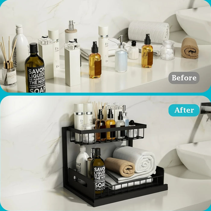 Under-Sink Pull-Out Organiser — 2-Tier Slide-Out Metal Shelf (White or Black)