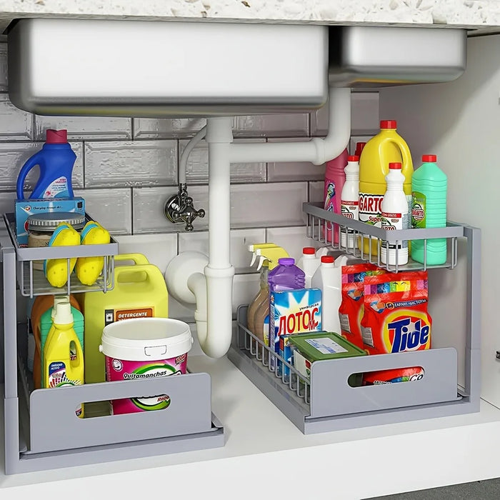 Metal Pull-Out Under-Sink Organiser with Sliding Shelf — Kitchen Storage (White/Black)