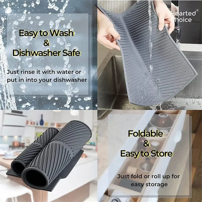 Silicone Kitchen Drain Mat — Non-Slip Heat-Resistant Drying Pad, Rectangle Trivet (Grey, S/M/L)