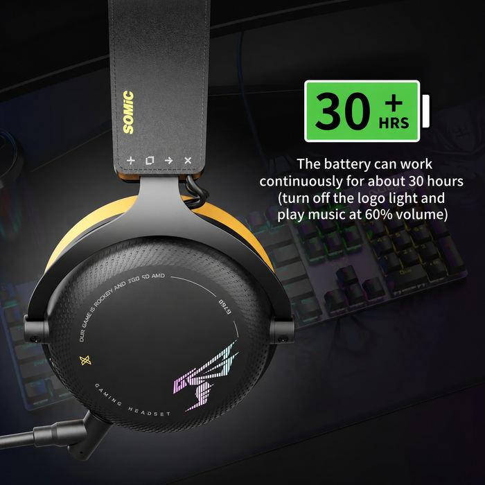 SOMiC G-serien - Trådløst spillhodesett med avtagbar mikrofon - 3 tilkoblingsmoduser: Bluetooth, 2,4G USB-dongel, kablet 3,5 mm - Kompatibel med PS5 / PS4 / PC / Datamaskin / Telefon / XBOX / Switch