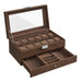 2-Tier Watch Box with Glass Lid — Holds 12 Watches, Lockable Drawer