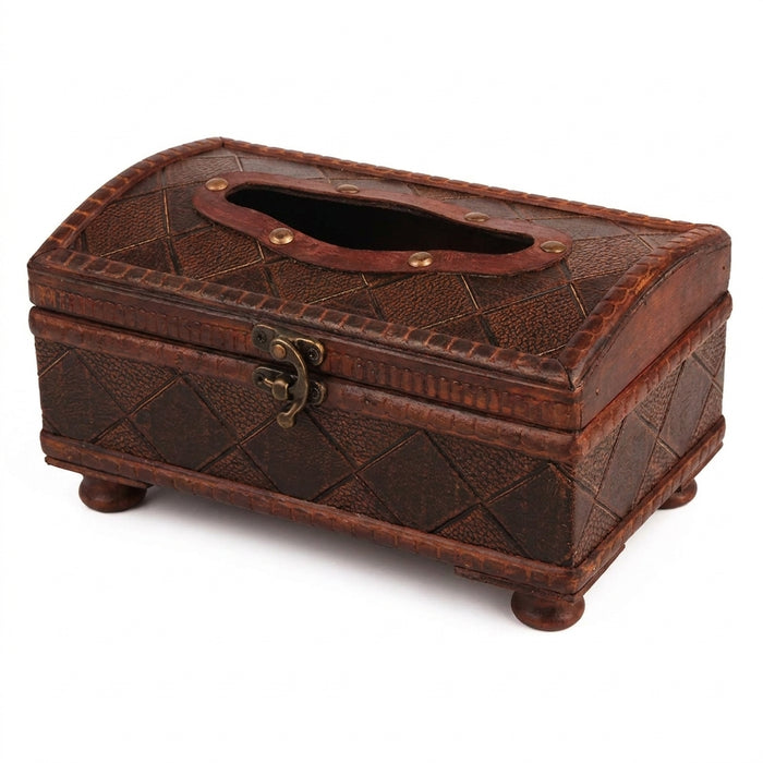 Royal-style Torched Wood Tissue Box Cover – Brown, Four-Leg Design