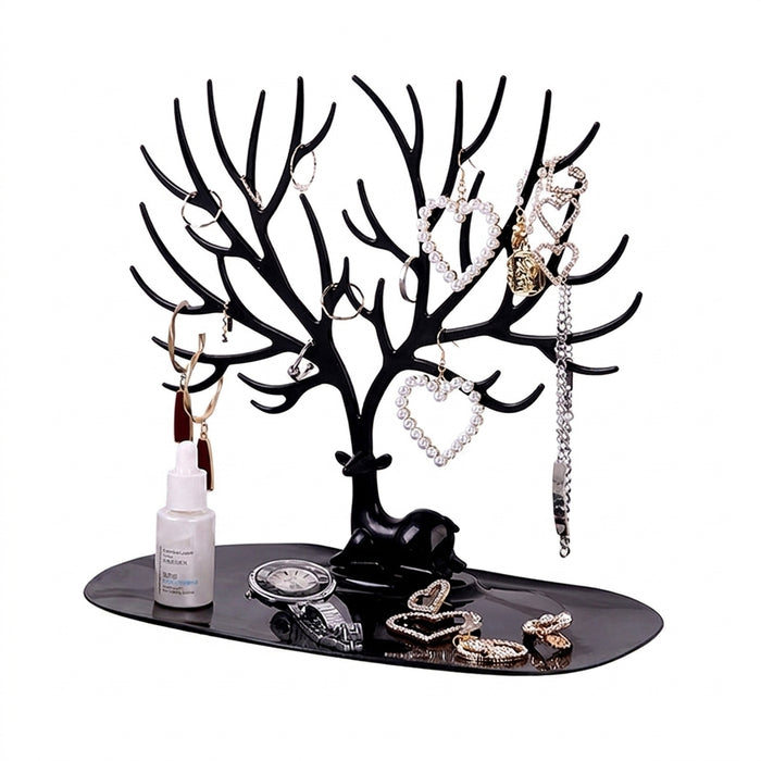 Reindeer Tree Jewellery Stand with Tray — PP Plastic Organiser (Black or White)