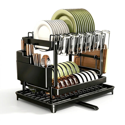 2-Tier Countertop Dish Drying Rack with Drainboard — Carbon Steel (42 x 30 x 29cm)