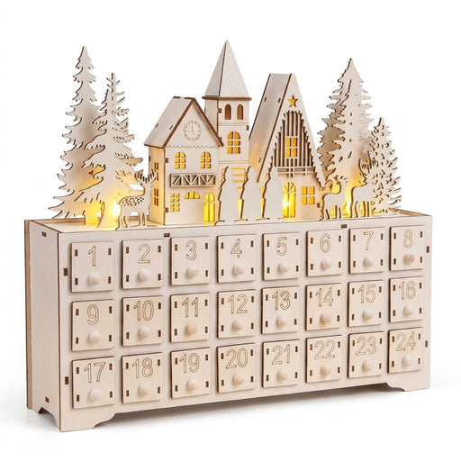 Reusable Wooden Advent Calendar with 24 Fillable Drawers – White Winter Village Decor